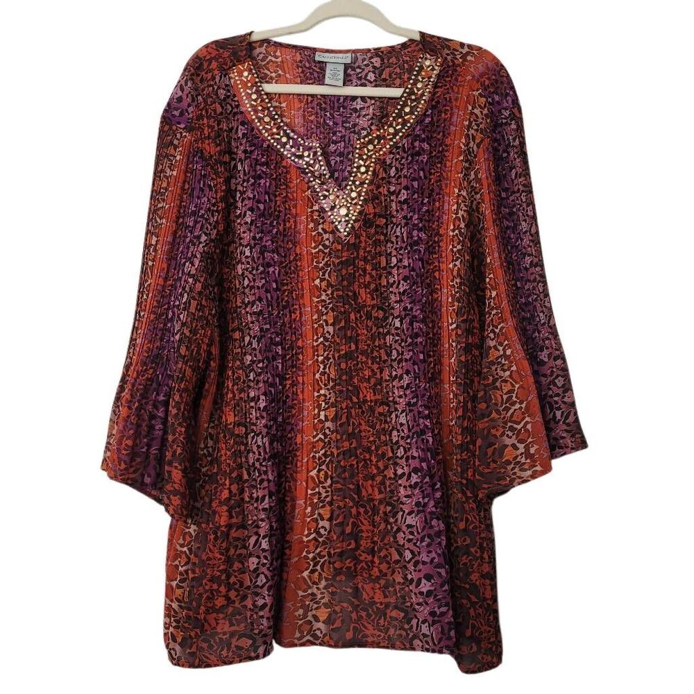 Catherines Crinkle Blouse Top Sz 3 Colorful Animal Print Embellish Bell‎ Sleeve